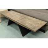 LOW TABLE, 158cm x 50cm x 41cm, industrial style metal base plank top.