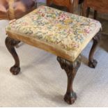 STOOL, 51cm x 57cm x 49cm H, part 18th century with needlepoint seat and later carved cabriole