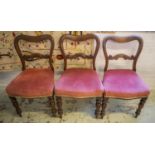 DINING CHAIRS, a set of six, Victorian mahogany, with pink velour stuffover seats. (6)