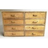 ENGINEERS BANK OF DRAWERS, early 20th century jointed pine with eight drawers and bale handles, 93cm