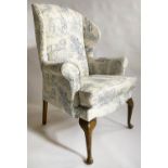 WING ARMCHAIR, 116cm H x 82cm, early Georgian design with smoke blue toile de jouy printed cotton