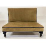 HALL SOFA/BENCH, Victorian sage green velvet upholstered, with blue cord and ebonised supports