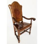 ARMCHAIR, late 19th century Spanish walnut in studded tan leather on turned stretchered supports.