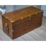 TRUNK, 46cm H x 96cm W x 42cm D, late 19th century teak and brass bound with rope handles, named