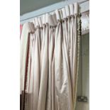 CURTAINS, a pair, 235cm drop x 100cm gathered lined, pink finish with white pom pom detail, with two