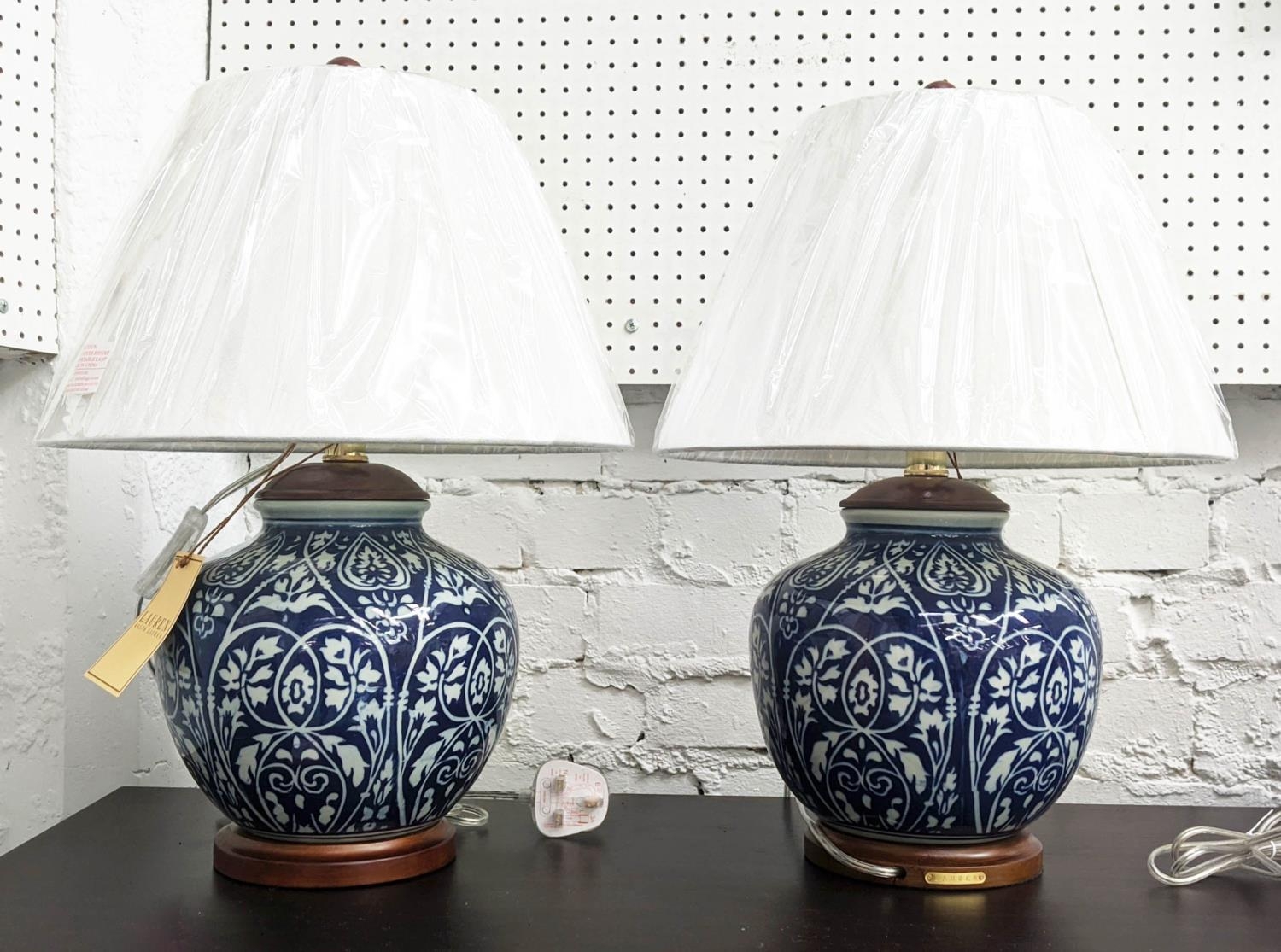 LAUREN RALPH LAUREN TABLE LAMPS, a pair, 51cm H, blue and white ceramic,  with shades. (2)