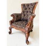 ARMCHAIR, Victorian mahogany with buttoned oak leaf woven fabric and silk rope upholstery with