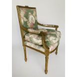 FAUTEUIL, French Louis XVI style giltwood with country house floral bouquet upholstery, 64cm W.