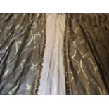 CURTAINS, a pair, coffee silk sateen, lined and interlined with 'Buckham' headed pleats with