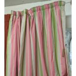 CURTAINS, a pair, in striped fabric, lined and interlined with tiebacks, 79cm gathered by 258cm