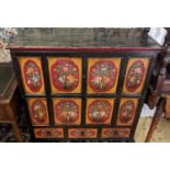 TIBETAN CABINET, 97cm W x 44cm D x 107cm H painted and lacquered with four doors above three
