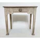 LAMP/SIDE TABLE, French lined oak with lion mask drawer and fluted supports, 76cm H x 46cm x 85cm.