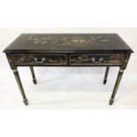 WRITING TABLE, black lacquered and gilt Chinoiserie decorated with two frieze drawers, 122cm W x