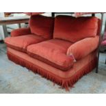 SOFA, 100cm x 180cm, by Kingcomb in orange velvet with bullion fringe.