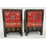 SIDE CABINETS, a pair, Chinese scarlet lacquered and gilt Chinoiserie decorated each with two