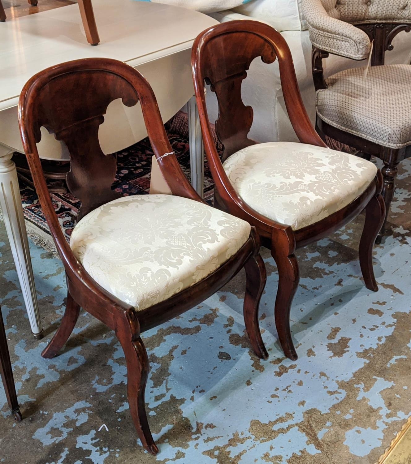 DINING CHAIRS, a set of six, 46cm W x 85cm H 19th century Continental mahogany framed, each with a