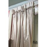 CURTAINS, a pair, 235cm drop x 100cm gathered lined, pink finish with white pom pom detail, with two