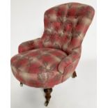 ARMCHAIR, Victorian walnut with buttoned oak leaf and crimson/white blanket upholstery, 59cm.