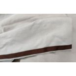 CURTAINS, a pair, cream patterned fabric, brown rim edges, cream linings, contemporary, each