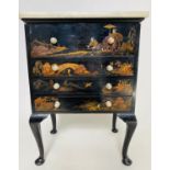 CHEST, early 20th century black lacquered and gilt Chinoserie decorated with four drawers and