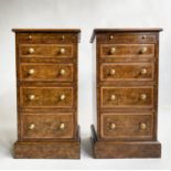 BEDSIDE CHESTS, a pair, Georgian style burr walnut and crossbanded each with four drawers and slide.