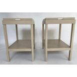 OKA TRAY TABLES, a pair, grey painted with lift off pierced handled trays and undertier, 61cm x 47cm