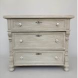 COMMODE, 19th century French grey painted with three long drawers silvered escutcheons and ceramic