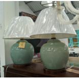 LAUREN RALPH LAUREN HOME CELEON GLAZED CERAMIC TABLE LAMPS, a pair, 62cm H, with shades. (2)