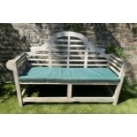 LUTYENS STYLE GARDEN BENCH, nicely weathered premium teak after a design by Sir Edwin Lutyens with