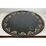 PAPIER MACHE OVAL TRAY, 78cm x 63cm, gilt detail.