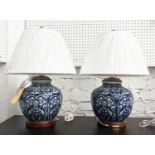 LAUREN RALPH LAUREN HOME TABLE LAMPS, a pair, 51cm H, blue and white ceramic, with shades. (2)