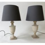 TABLE LAMPS, a pair, carved urn shaped alabaster columns with shades, 60cm H. (2)