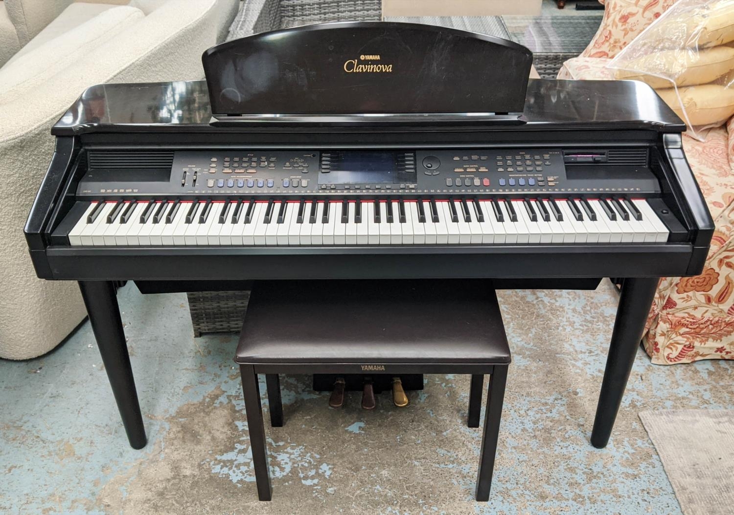 YAMAHA ELECTRIC CLAVINOVA/PIANO, 58cm D x 87cm H x 141cm W, with stool.