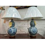 LAUREN RALPH LAUREN HOME TABLE LAMPS, a pair, 69cm H, double gourd blue and white vase design,