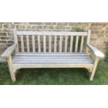 LISTER GARDEN BENCH, silvery weathered teak slatted with flap top arms, 162cm W.