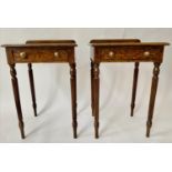 LAMP TABLES, a pair, Regency design burr walnut and crossbanded each with drawer and reeded tapering