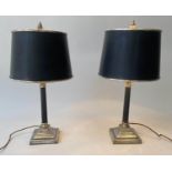 TABLE LAMPS, a pair, Regency style toleware fluted column with silvered Corinthian capital and