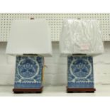 LAUREN RALPH LAUREN HOME TABLE LAMPS, a pair, 44cm H, blue and white ceramic with shades. (2)