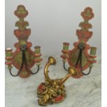 WALL CANDELABRA, a pair, shaped painted wood with twin branches and one other. (3)