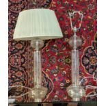 TABLE LAMPS, a pair, bases each 56cm H, etched glass, with pleated shades. (2)