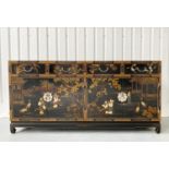 CHINESE CABINET, black lacquered and gilt chinoiserie decorated with four drawers above two pairs of