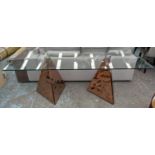 DINING TABLE, 200cm x 77cm x 76cm, contemporary twin copper pedestal design, glass top.