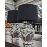 TABLE LAMPS, a pair, 65cm H, silvered ceramic, black shades. (2)