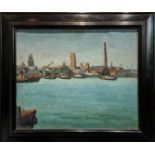 MANNER OF HAROLD GILMAN (1876-1919), 'View on the Thames', oil on canvas, 40cm x 49cm, framed.