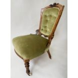 SALON CHAIR, Victorian Aesthetic walnut with mint green velvet upholstery, 58cm W.