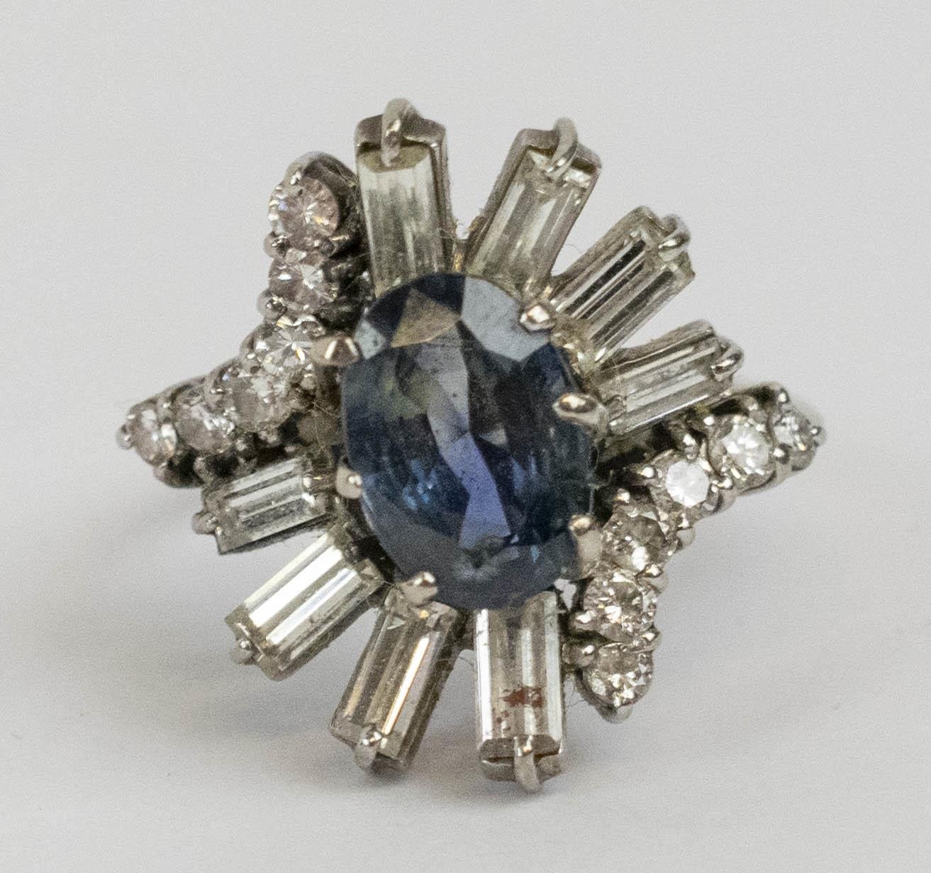 DRESS RING, 18ct white gold diamond and blue stone, the single oval cut blue stone possibly a - Image 3 of 8