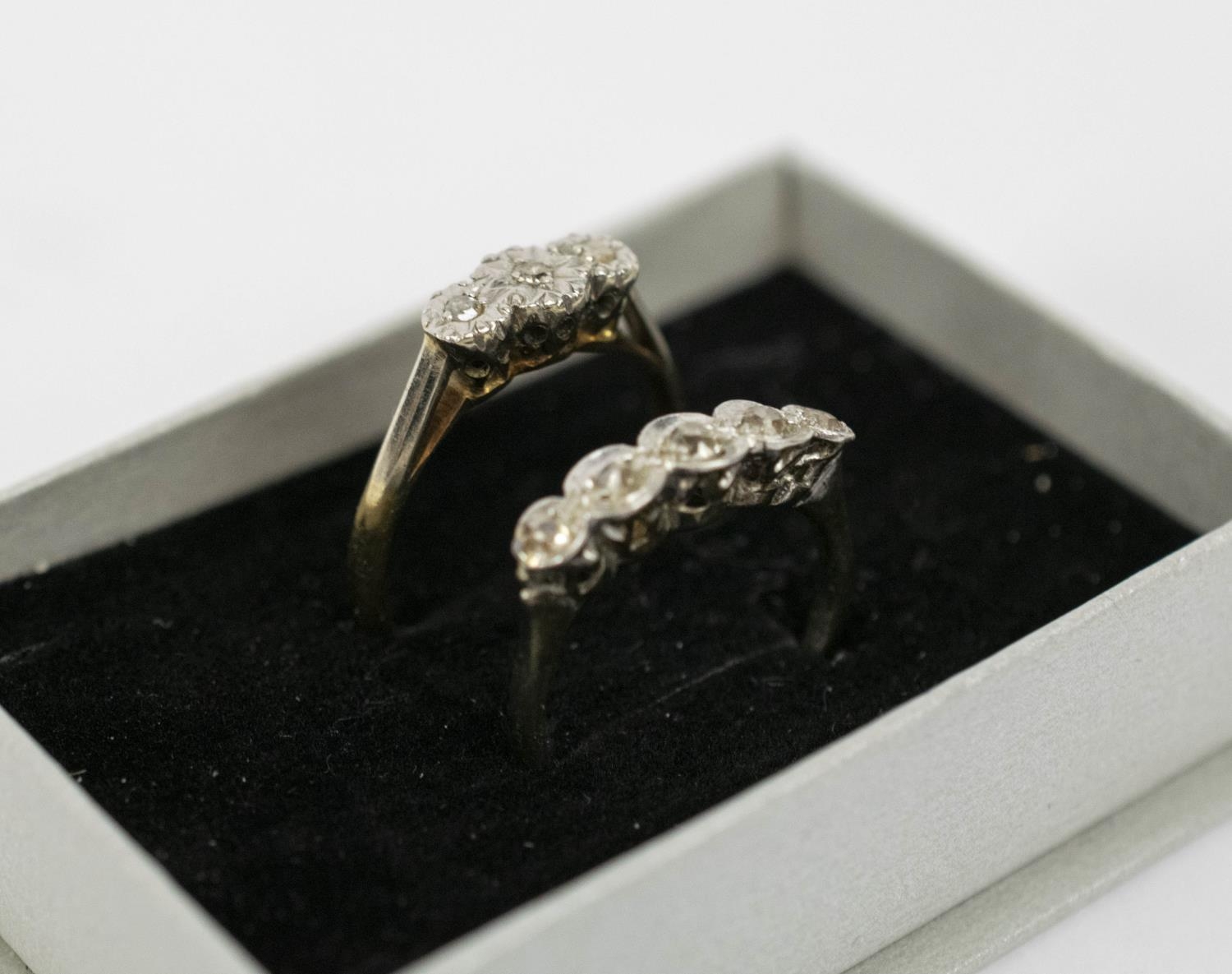 TWO RINGS, comprising a 9ct gold three stone diamond illusion set ring, size N, plus a platinum five - Image 7 of 7