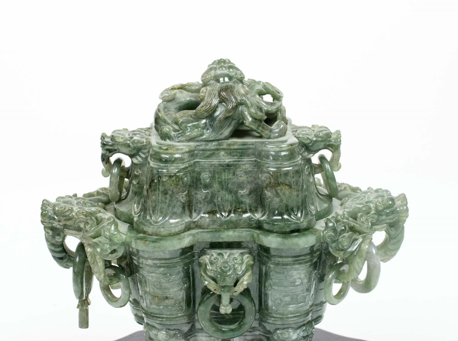 SPINACH JADE CHINESE KORO AND COVER, 20th century, the dragon head handles with loose rings, on - Image 3 of 3