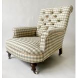 ARMCHAIR, Victorian Howard style walnut with buttoned check cotton upholstery and ceramic castors,