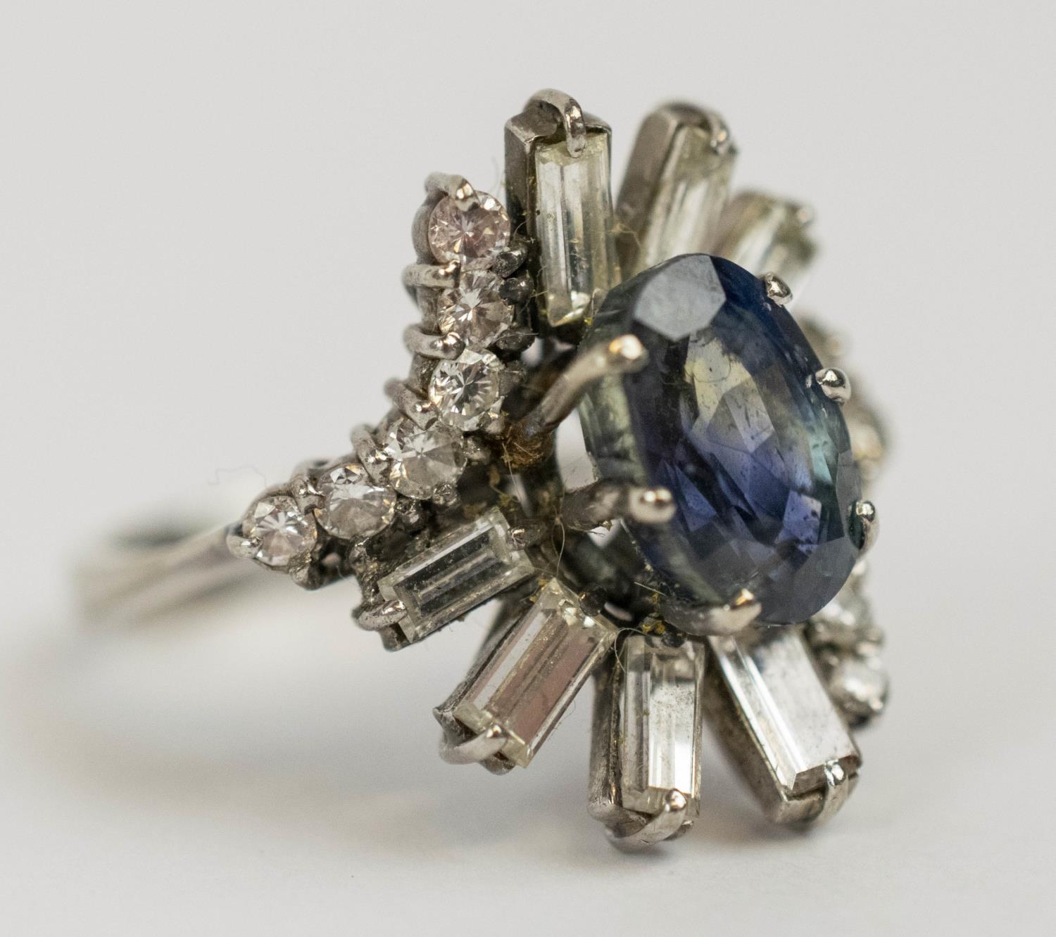 DRESS RING, 18ct white gold diamond and blue stone, the single oval cut blue stone possibly a - Image 5 of 8